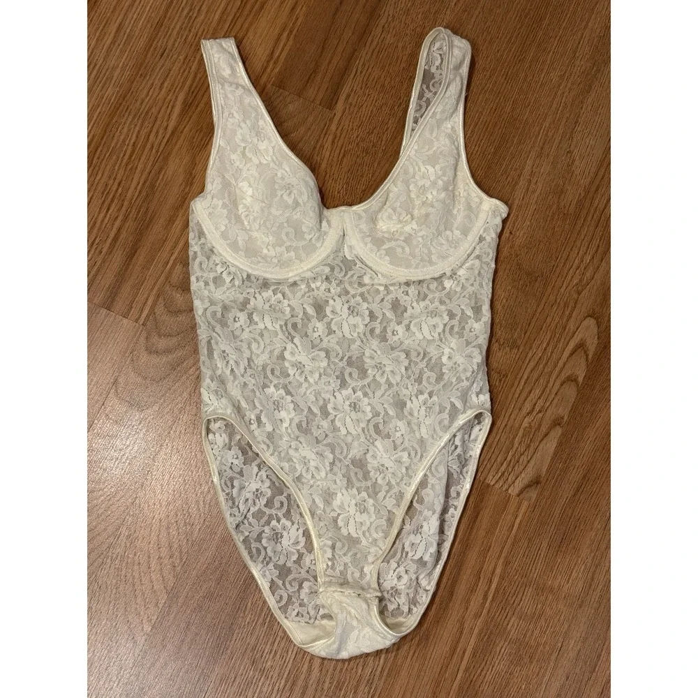 Vintage 90s Lace Mesh Teddy Bodysuit Hi-Cut Leg One Piece Ivory Sexy Sz MED USA